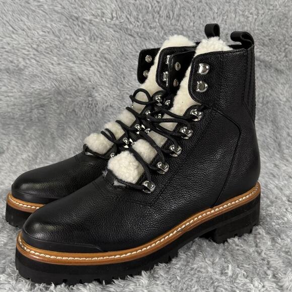 Marc Fisher Izzie Lace Up Boots Black Leather Shearling Womens Size 5.5 Lug Sole - Picture 3 of 9